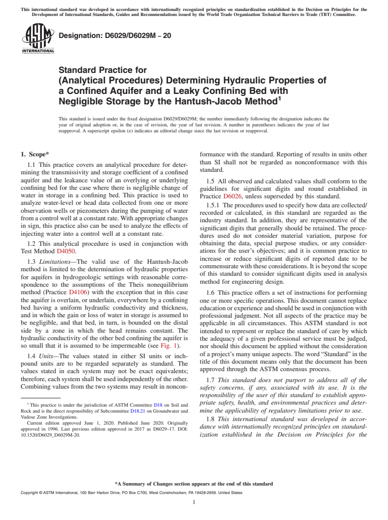 ASTM D6029/D6029M-20 - Standard Practice for (Analytical Procedures) Determining Hydraulic Properties of  a Confined Aquifer and a Leaky Confining Bed with Negligible Storage  by the Hantush-Jacob Method