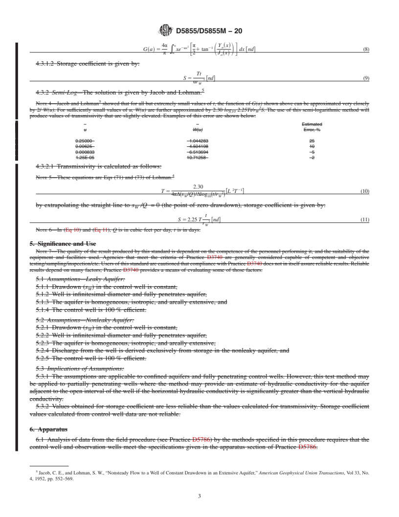 REDLINE ASTM D5855/D5855M-20 - Standard Practice for (Analytical Procedure) Determining Transmissivity and Storage  Coefficient of Confined Nonleaky or Leaky Aquifer by Constant Drawdown  Method in Flowing Well