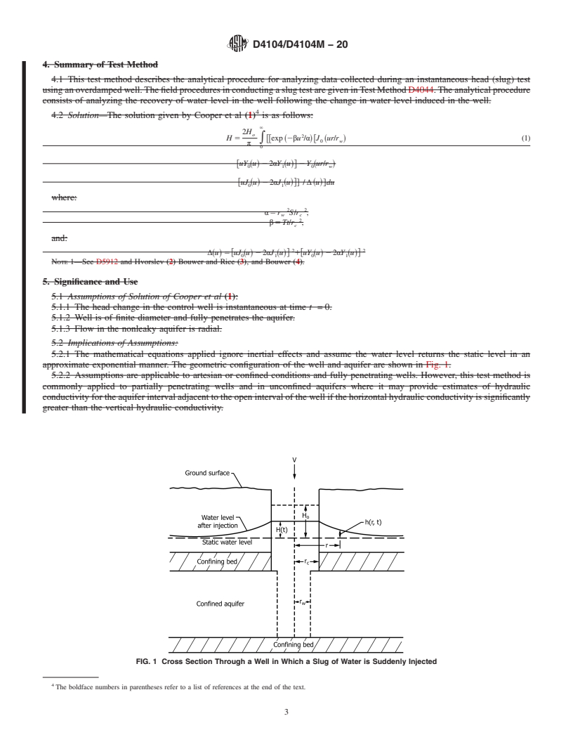 REDLINE ASTM D4104/D4104M-20 - Standard Practice for (Analytical Procedures) Determining Transmissivity of Nonleaky  Confined Aquifers by Overdamped Well Response to Instantaneous Change  in Head (Slug Tests)
