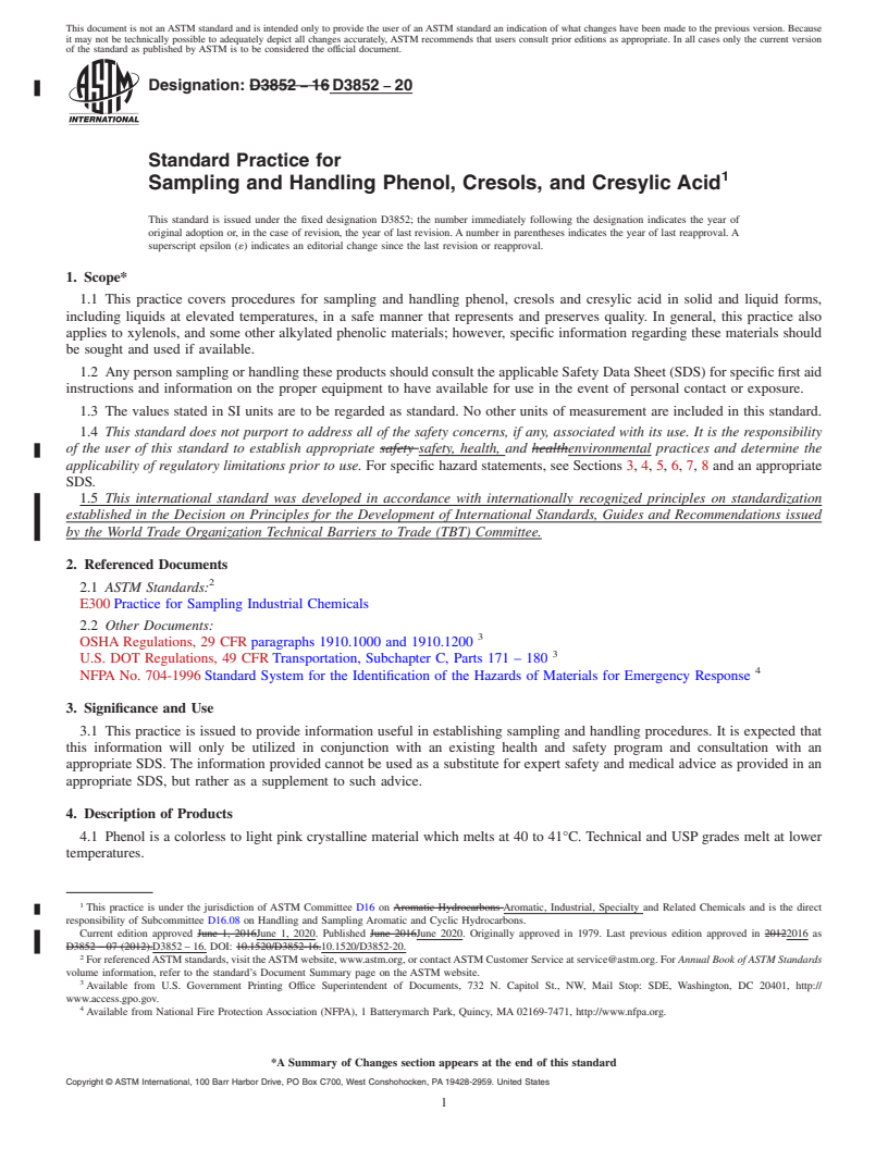 REDLINE ASTM D3852-20 - Standard Practice for Sampling and Handling Phenol, Cresols, and Cresylic Acid