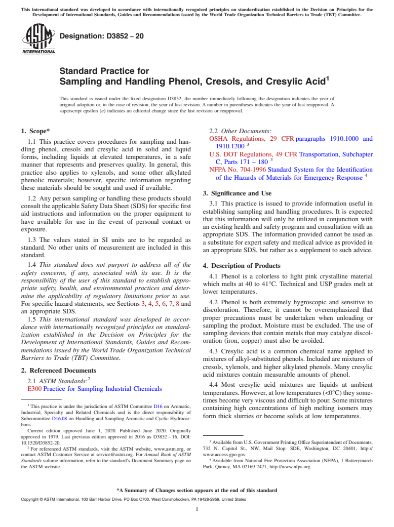 ASTM D3852-20 - Standard Practice for Sampling and Handling Phenol, Cresols, and Cresylic Acid