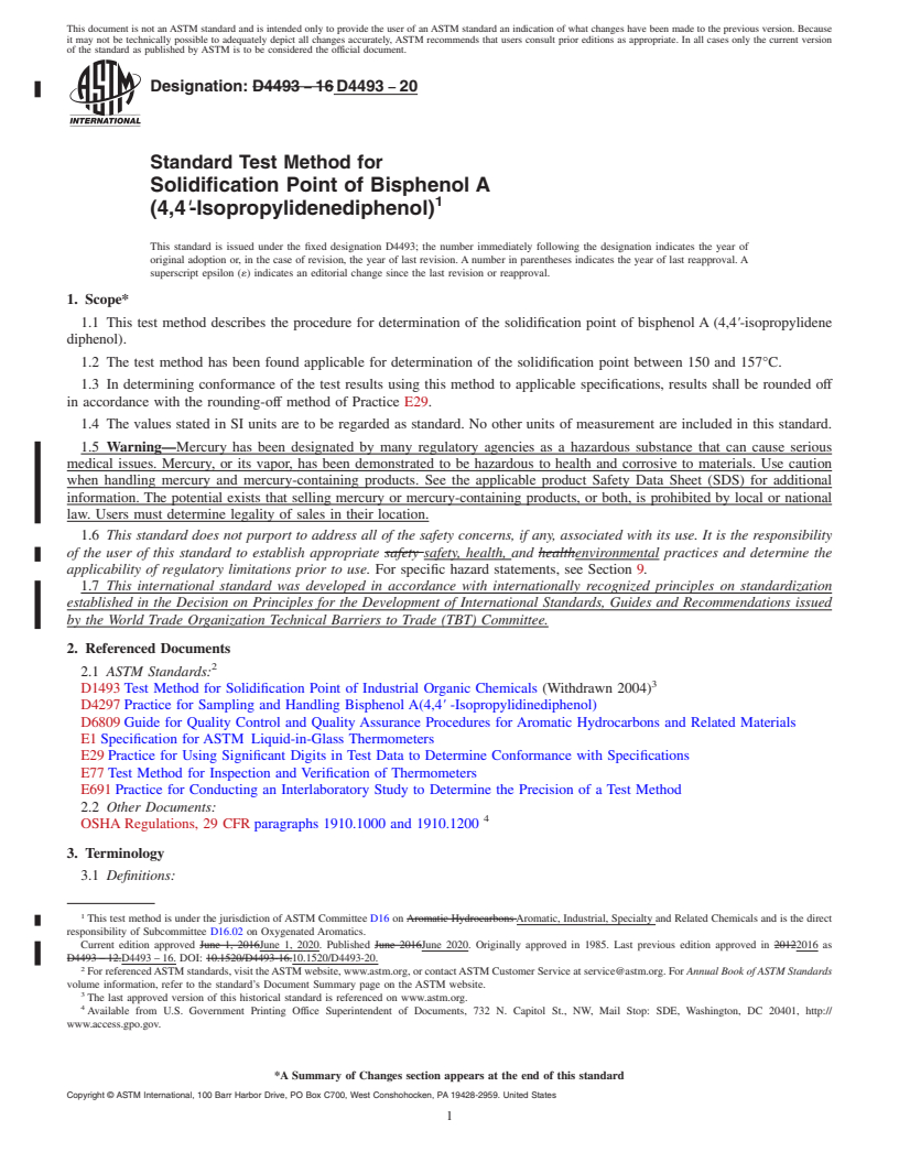 REDLINE ASTM D4493-20 - Standard Test Method for Solidification Point of Bisphenol A<brk/>(4,4<emph type="ital"  >′</emph>-Isopropylidenediphenol)