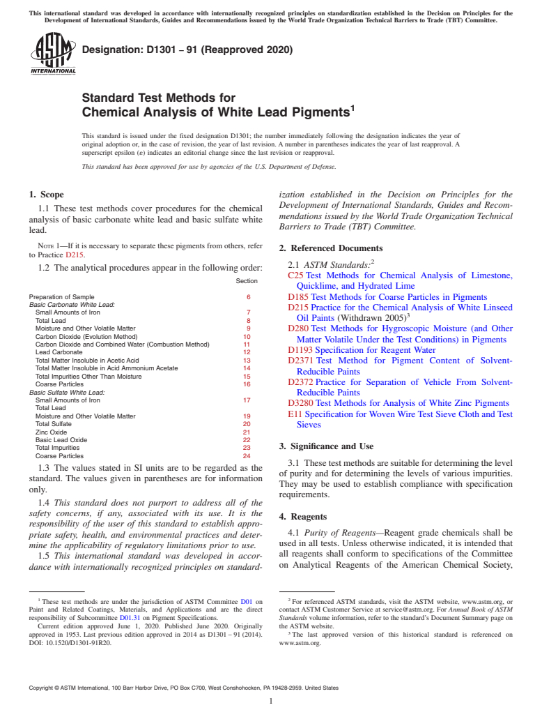 ASTM D1301-91(2020) - Standard Test Methods for Chemical Analysis of White Lead Pigments