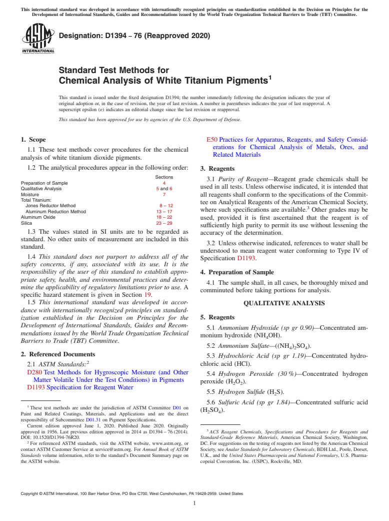 ASTM D1394-76(2020) - Standard Test Methods for Chemical Analysis of White Titanium Pigments