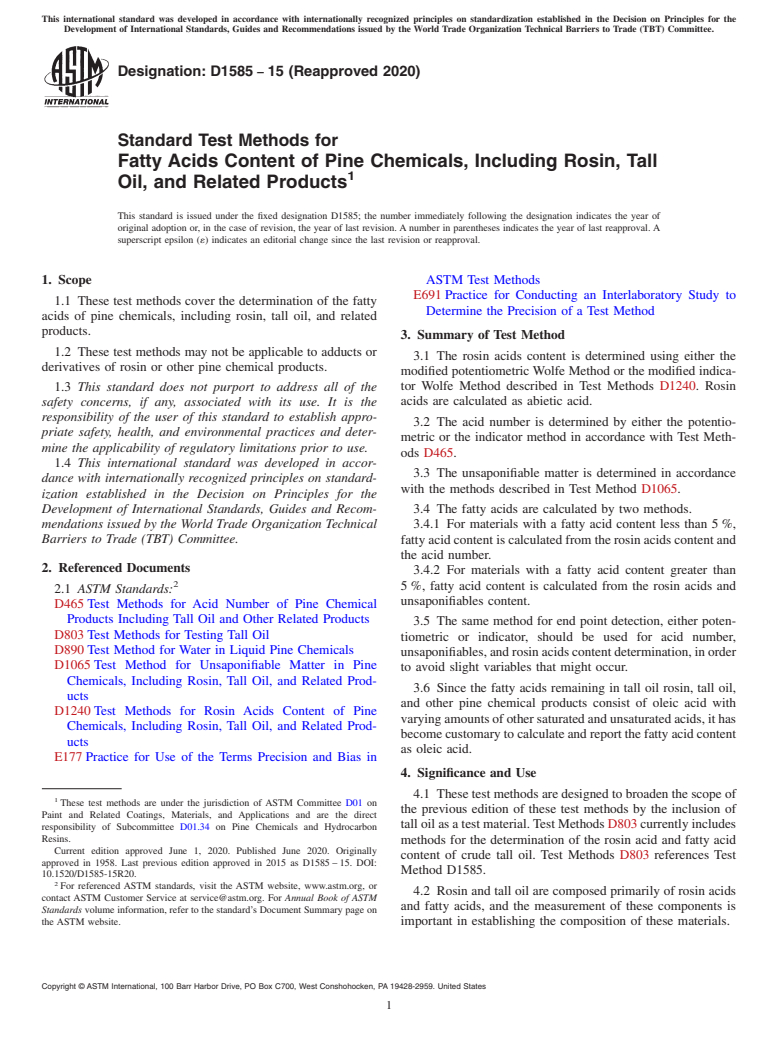 ASTM D1585-15(2020) - Standard Test Methods for Fatty Acids Content of Pine Chemicals, Including Rosin, Tall   Oil, and  Related Products