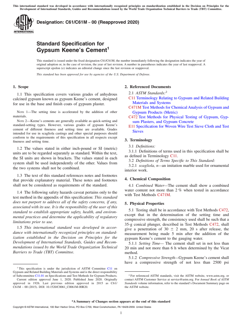 ASTM C61/C61M-00(2020) - Standard Specification for  Gypsum Keene's Cement