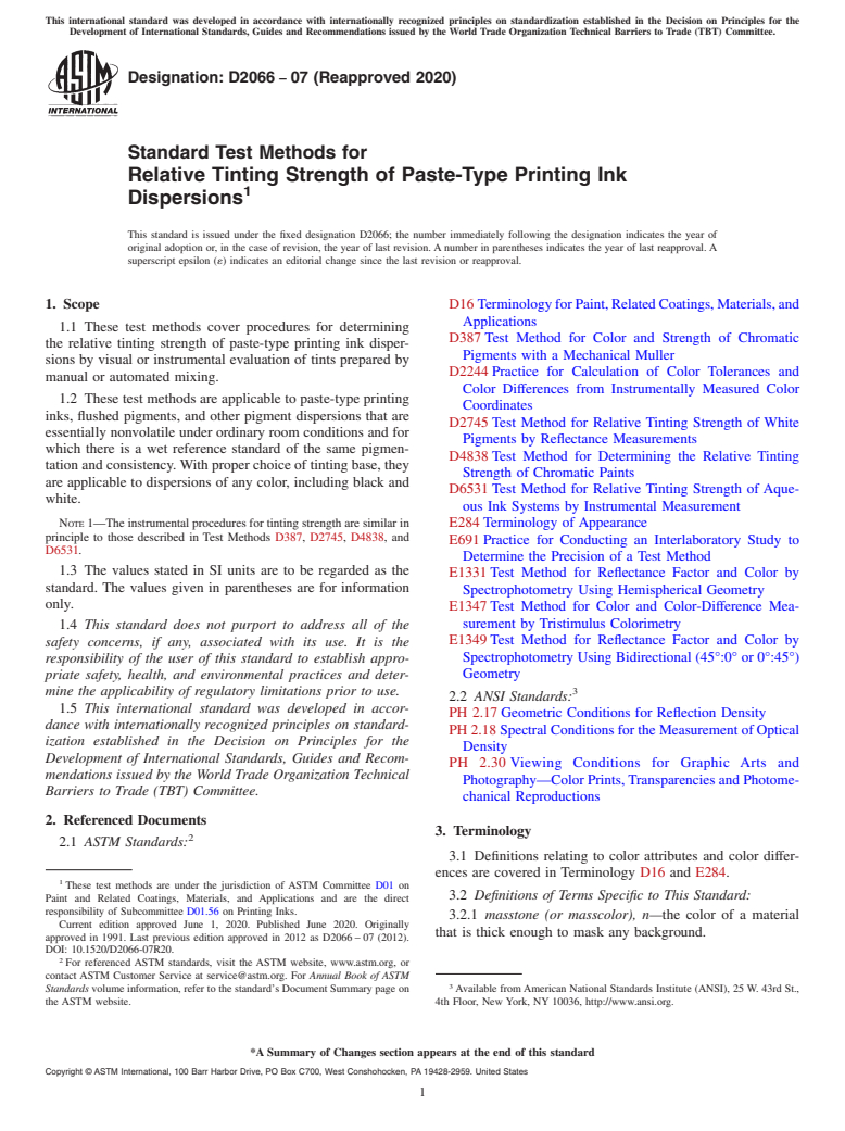 ASTM D2066-07(2020) - Standard Test Methods for  Relative Tinting Strength of Paste-Type Printing Ink Dispersions