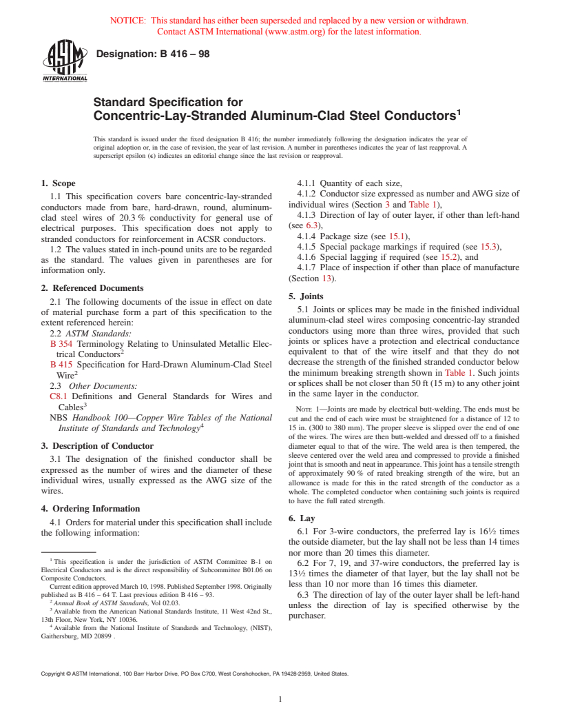 ASTM B416-98 - Standard Specification for Concentric-Lay-Stranded Aluminum-Clad Steel Conductors