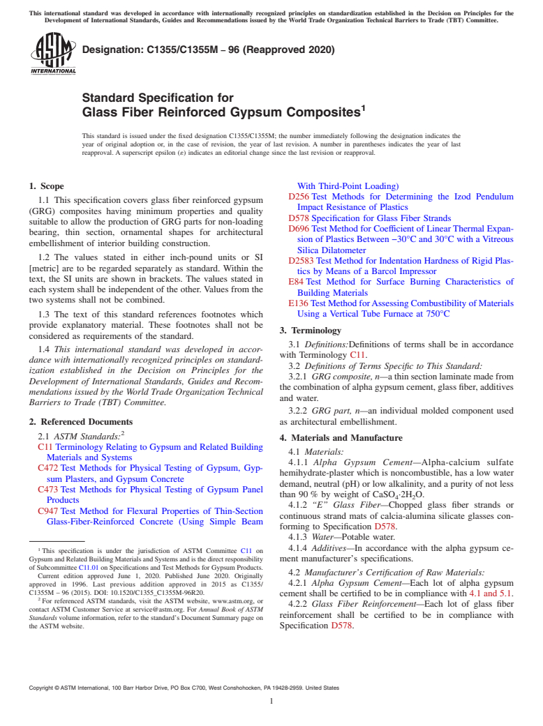 ASTM C1355/C1355M-96(2020) - Standard Specification for  Glass Fiber Reinforced Gypsum Composites