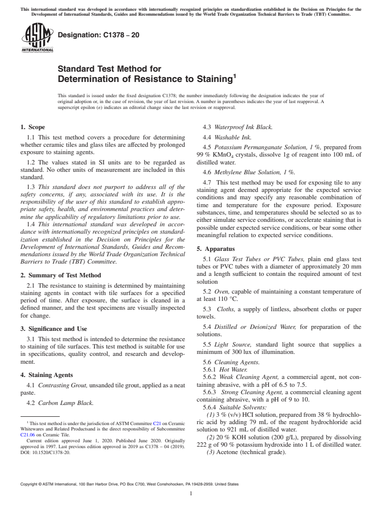 ASTM C1378-20 - Standard Test Method for  Determination of Resistance to Staining