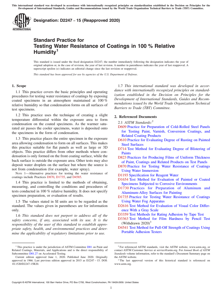 ASTM D2247-15(2020) - Standard Practice for Testing Water Resistance of Coatings in 100&#x2009;% Relative   Humidity