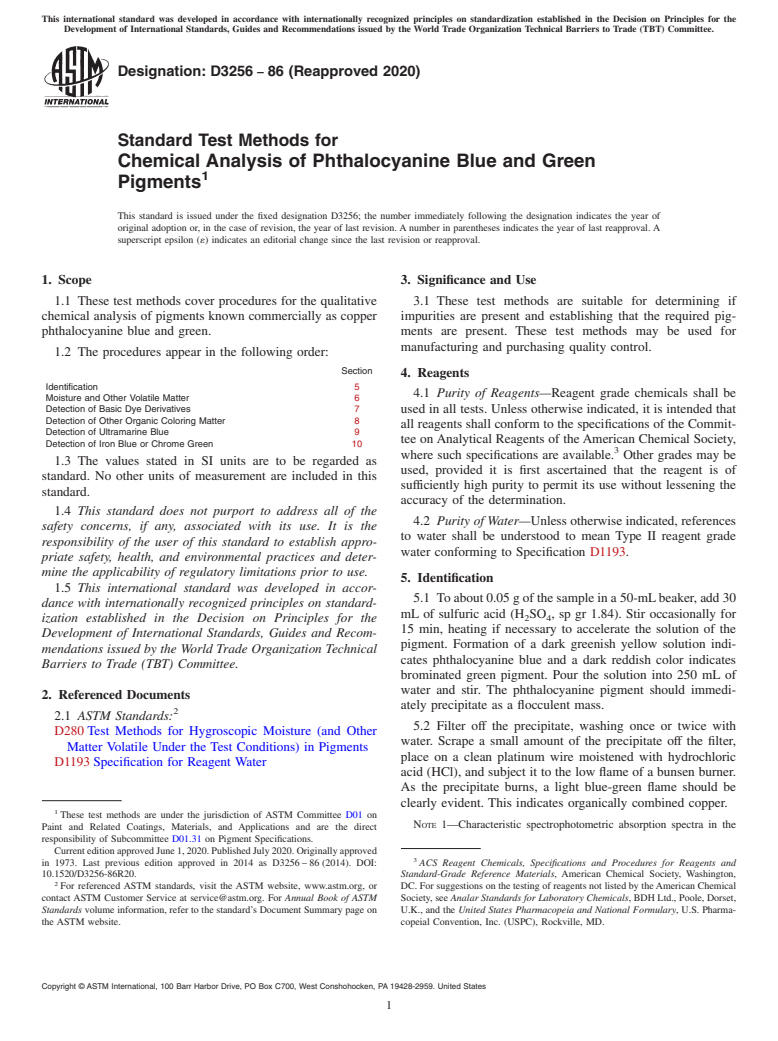 ASTM D3256-86(2020) - Standard Test Methods for Chemical Analysis of Phthalocyanine Blue and Green Pigments