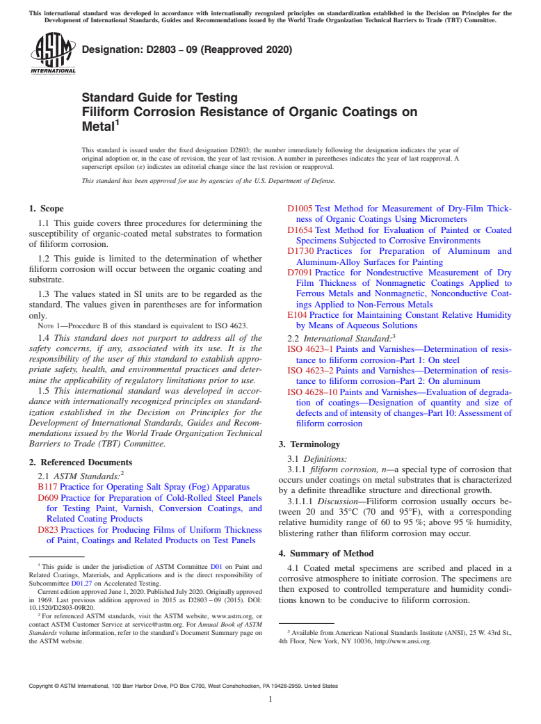 ASTM D2803-09(2020) - Standard Guide for Testing Filiform Corrosion Resistance of Organic Coatings on Metal