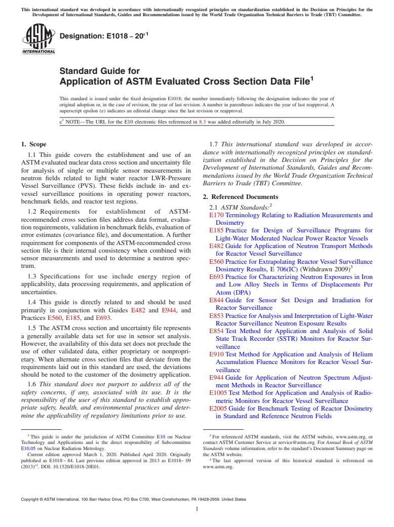 ASTM E1018-20e1 - Standard Guide for  Application of ASTM Evaluated Cross Section Data File