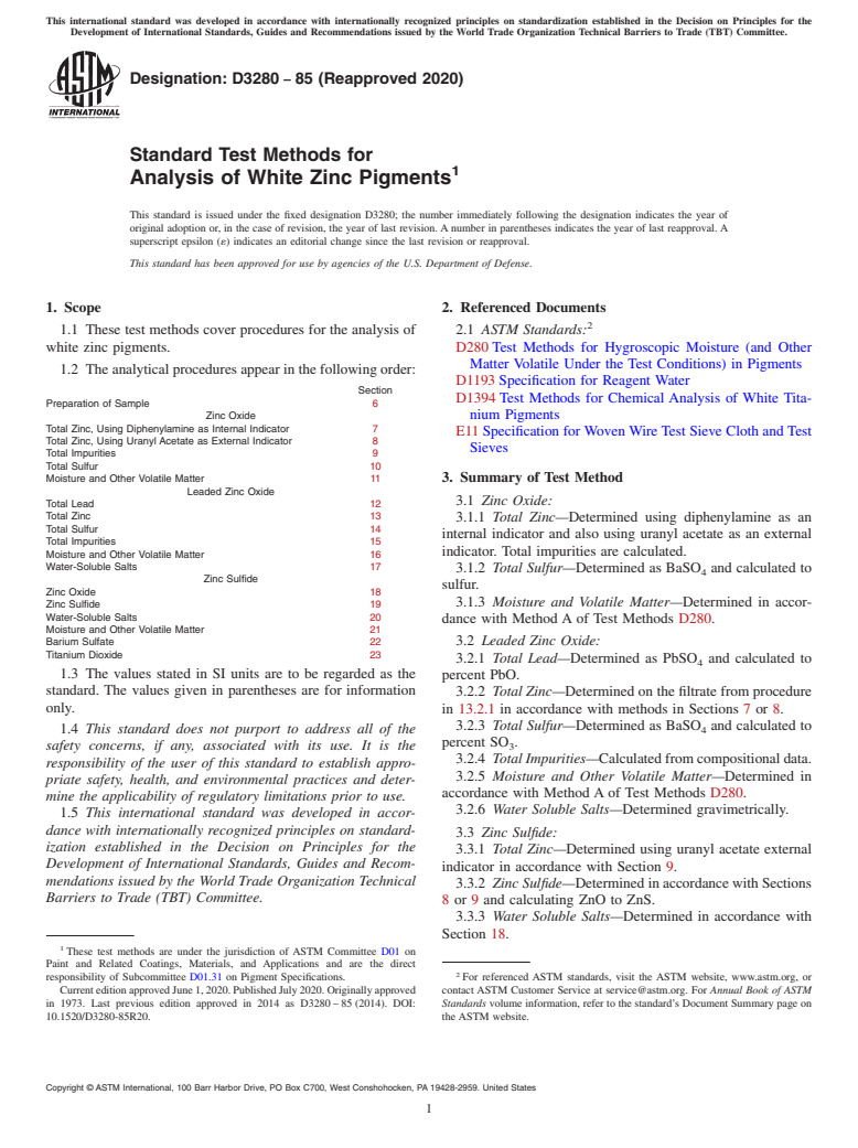 ASTM D3280-85(2020) - Standard Test Methods for Analysis of White Zinc Pigments