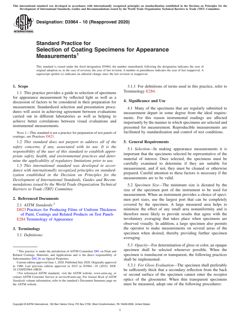 ASTM D3964-10(2020) - Standard Practice for  Selection of Coating Specimens for Appearance Measurements