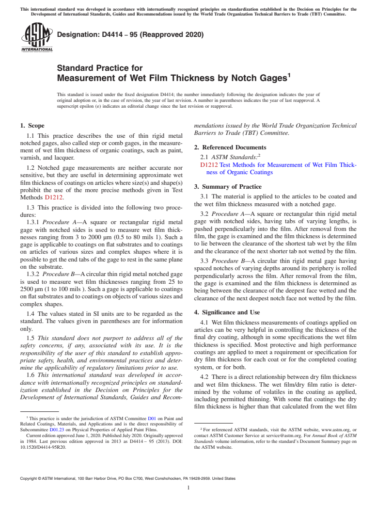 ASTM D4414-95(2020) - Standard Practice for Measurement of Wet Film Thickness by Notch Gages