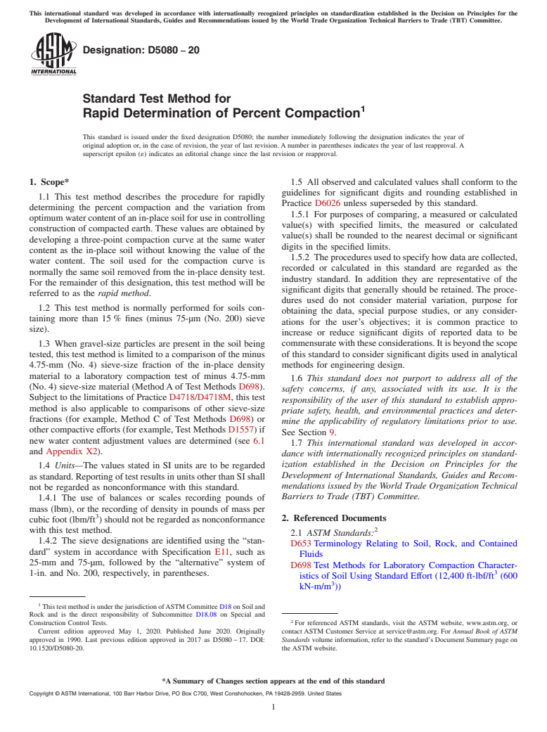 ASTM D5080-20 - Standard Test Method for Rapid Determination of Percent Compaction