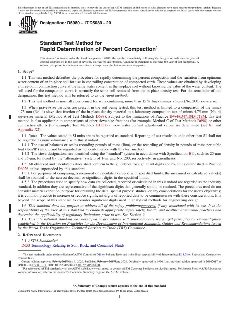 REDLINE ASTM D5080-20 - Standard Test Method for Rapid Determination of Percent Compaction