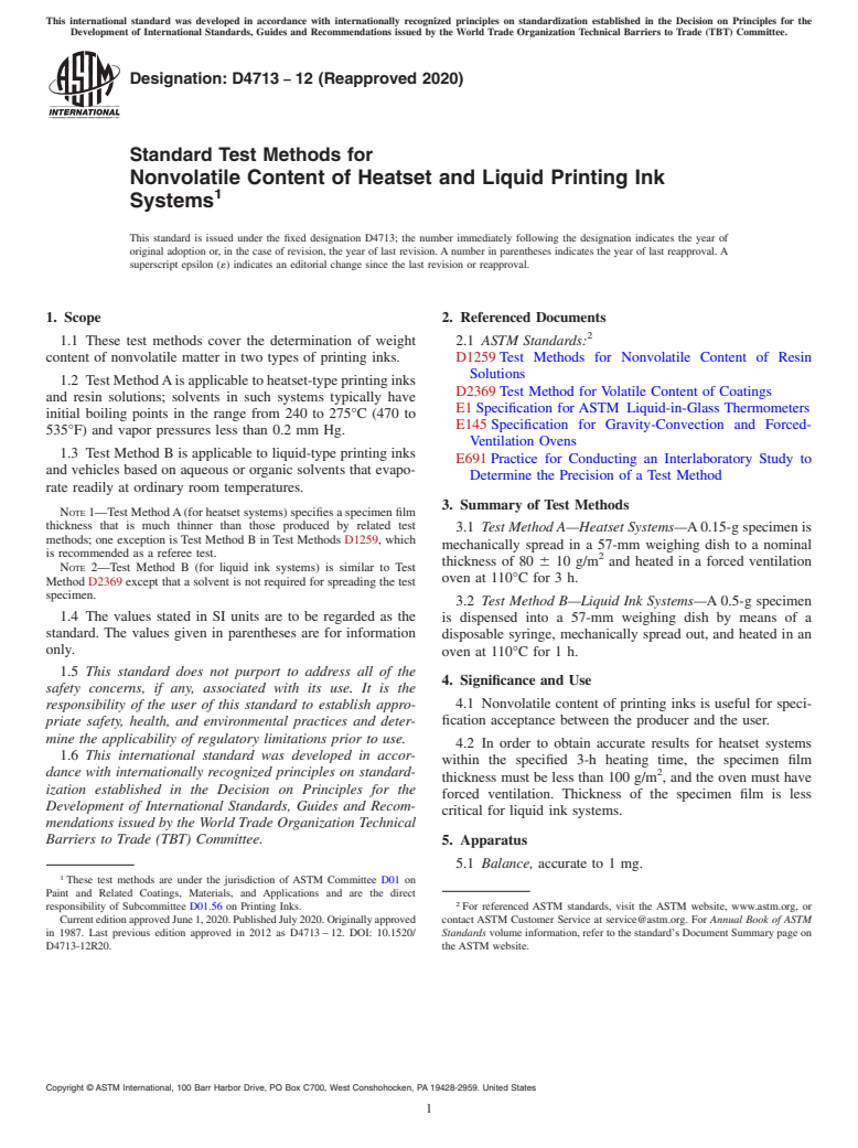 ASTM D4713-12(2020) - Standard Test Methods for  Nonvolatile Content of Heatset and Liquid Printing Ink Systems