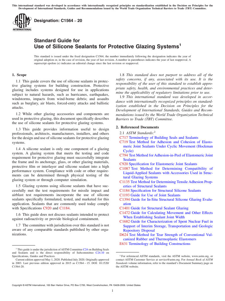 ASTM C1564-20 - Standard Guide for  Use of Silicone Sealants for Protective Glazing Systems