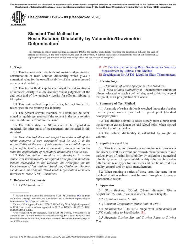 ASTM D5062-09(2020) - Standard Test Method for Resin Solution Dilutability by Volumetric/Gravimetric Determination