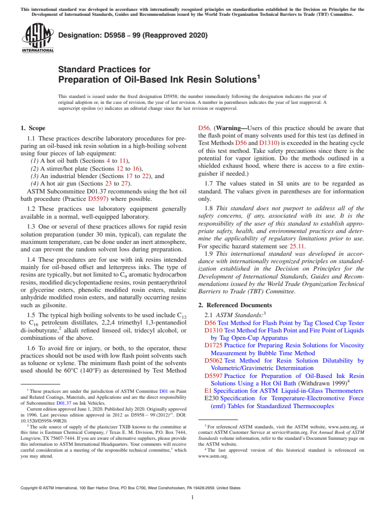 ASTM D5958-99(2020) - Standard Practices for  Preparation of Oil-Based Ink Resin Solutions