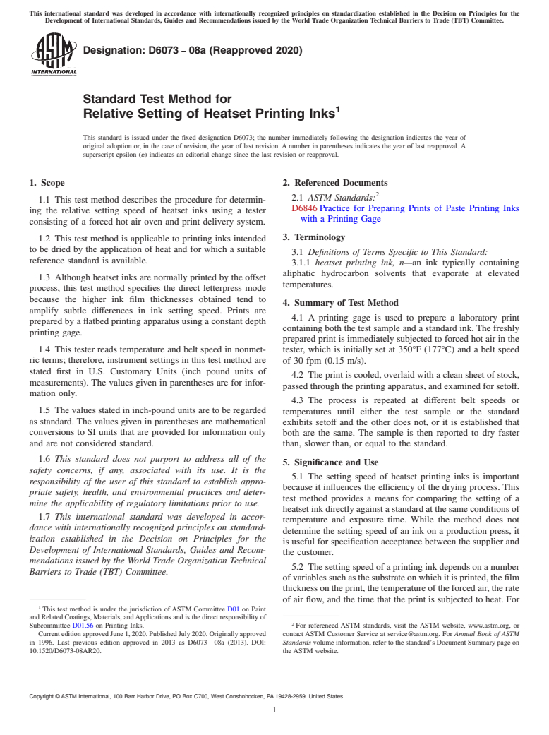 ASTM D6073-08a(2020) - Standard Test Method for Relative Setting of Heatset Printing Inks