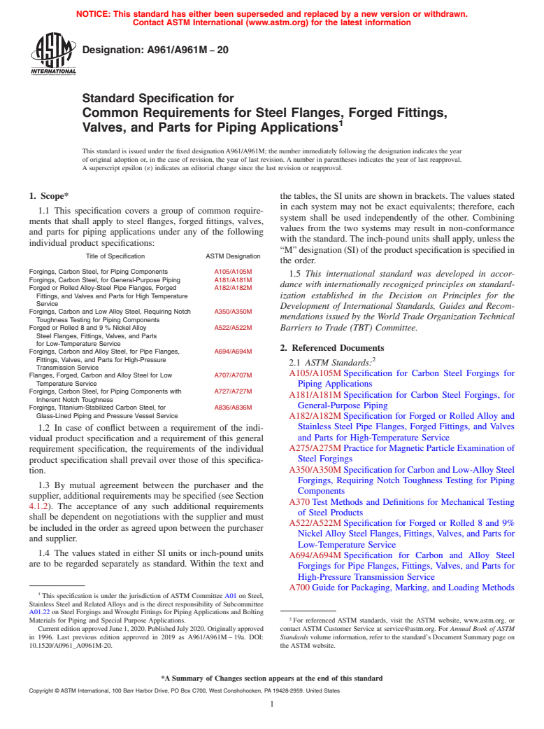 ASTM A961/A961M-20 - Standard Specification for  Common Requirements for Steel Flanges, Forged Fittings, Valves,  and Parts for Piping Applications<?Pub _bookmark  Command="[Quick Mark]"?>