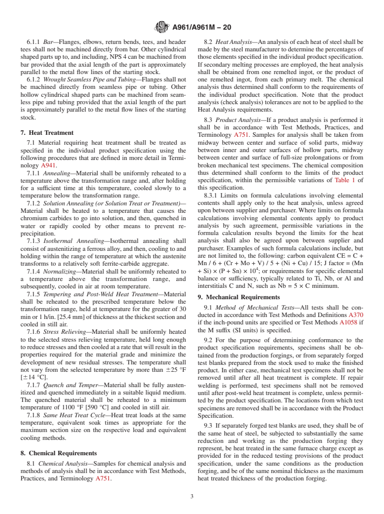 ASTM A961/A961M-20 - Standard Specification for  Common Requirements for Steel Flanges, Forged Fittings, Valves,  and Parts for Piping Applications<?Pub _bookmark  Command="[Quick Mark]"?>