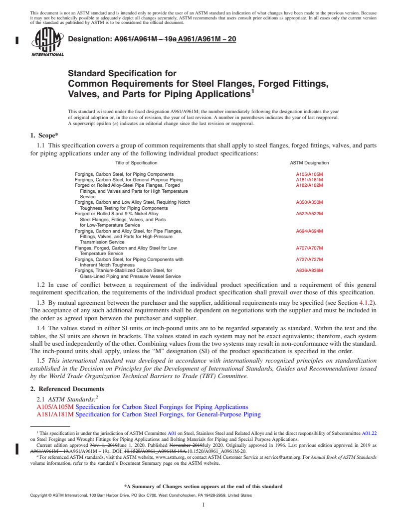 REDLINE ASTM A961/A961M-20 - Standard Specification for  Common Requirements for Steel Flanges, Forged Fittings, Valves,  and Parts for Piping Applications<?Pub _bookmark  Command="[Quick Mark]"?>