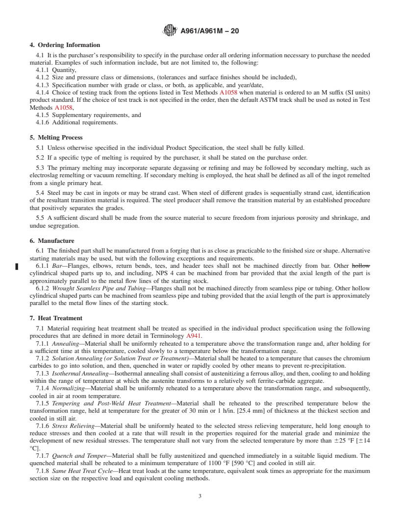 REDLINE ASTM A961/A961M-20 - Standard Specification for  Common Requirements for Steel Flanges, Forged Fittings, Valves,  and Parts for Piping Applications<?Pub _bookmark  Command="[Quick Mark]"?>