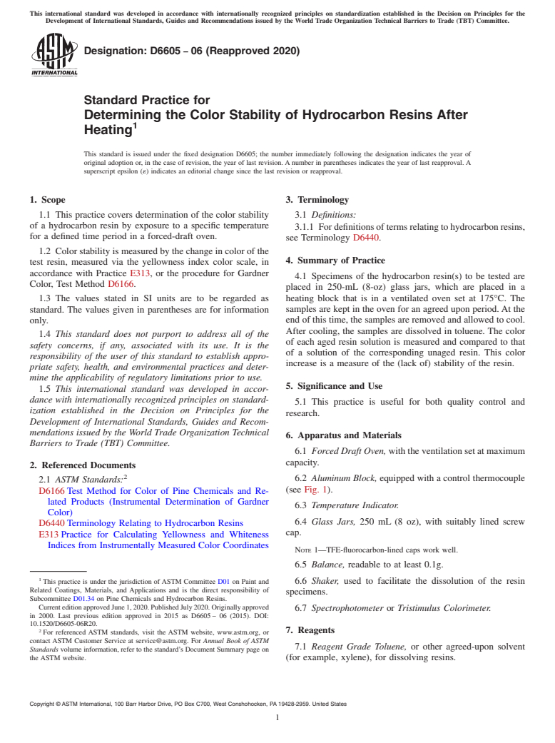 ASTM D6605-06(2020) - Standard Practice for Determining the Color Stability of Hydrocarbon Resins After   Heating