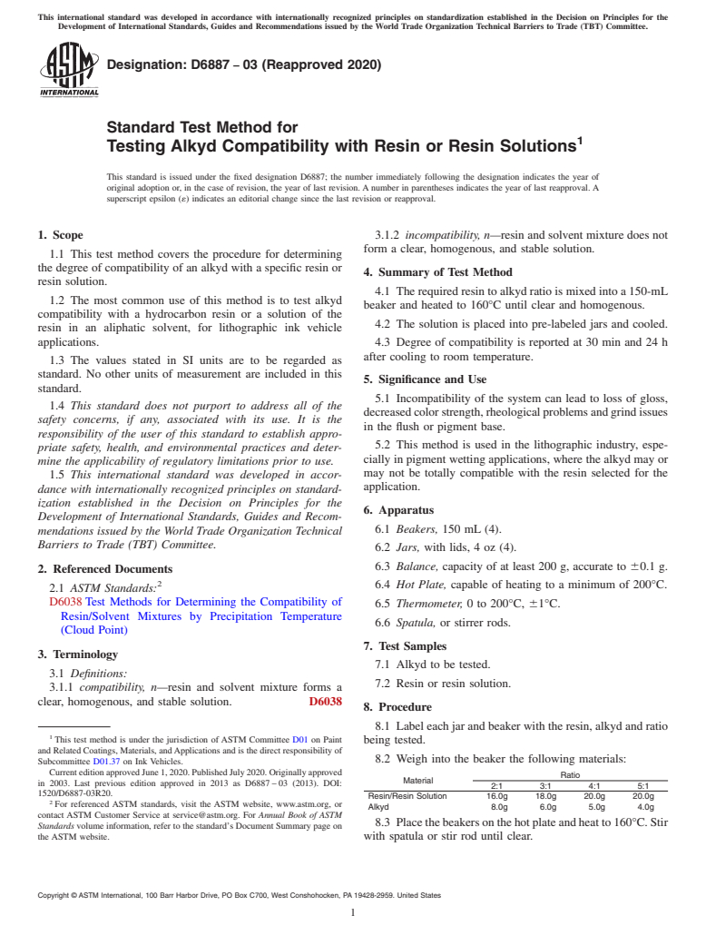 ASTM D6887-03(2020) - Standard Test Method for Testing Alkyd Compatibility with Resin or Resin Solutions