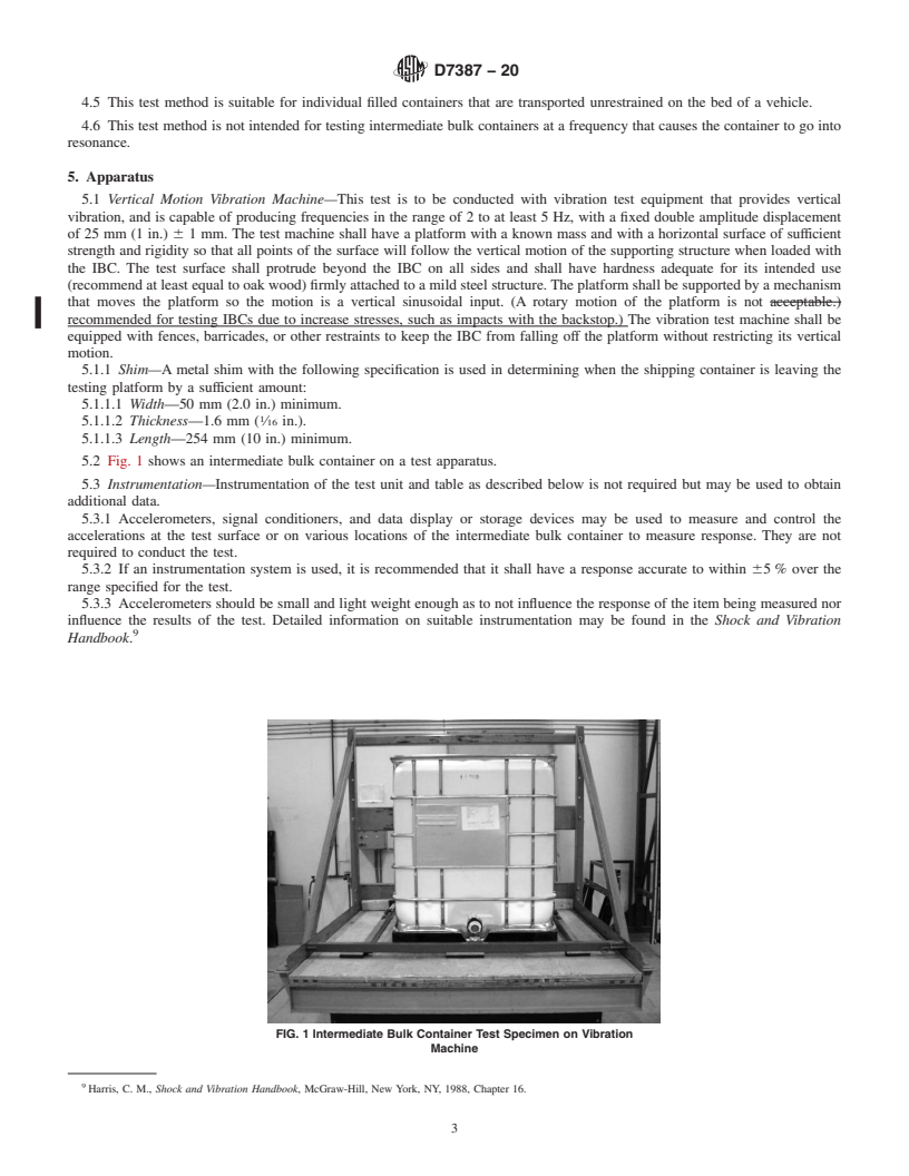 REDLINE ASTM D7387-20 - Standard Test Method for  Vibration Testing of Intermediate Bulk Containers (IBCs) Used   for Shipping Liquid Hazardous Materials (Dangerous Goods)