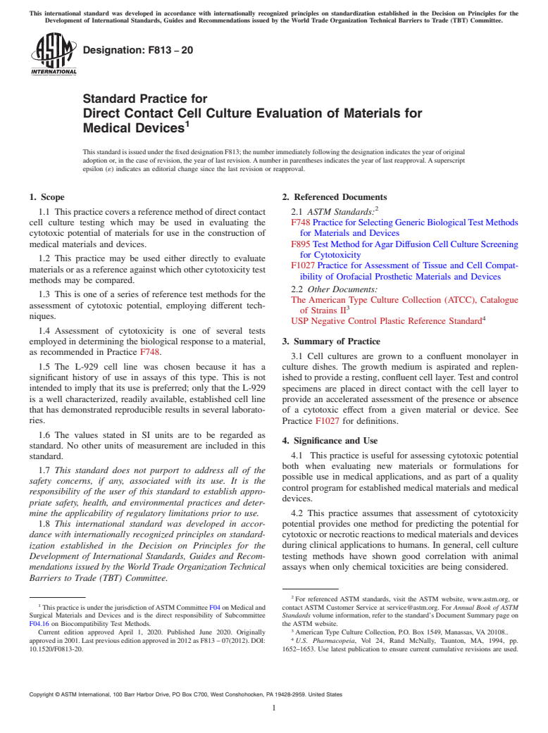 ASTM F813-20 - Standard Practice for  Direct Contact Cell Culture Evaluation of Materials for Medical  Devices