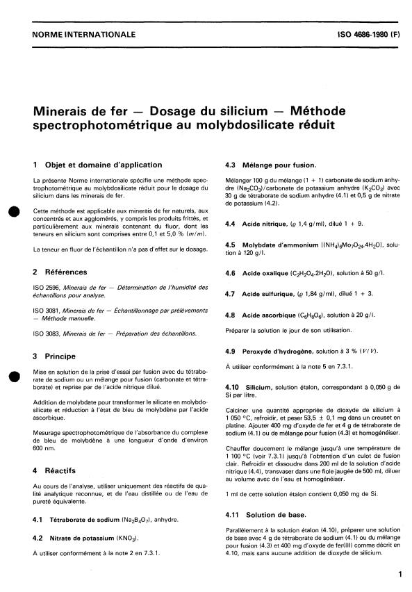 ISO 4686:1980 - Minerais de fer -- Dosage du silicium -- Méthode spectrophotométrique au molybdosilicate réduit