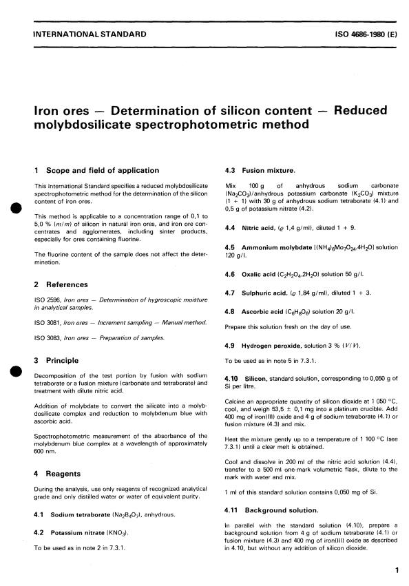 ISO 4686:1980 - Iron ores -- Determination of silicon content -- Reduced molybdosilicate spectrophotometric method
