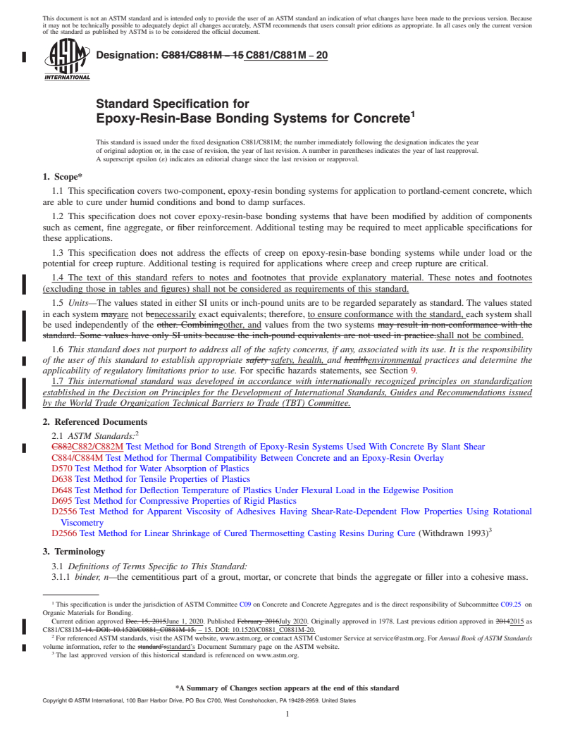 REDLINE ASTM C881/C881M-20 - Standard Specification for  Epoxy-Resin-Base Bonding Systems for Concrete