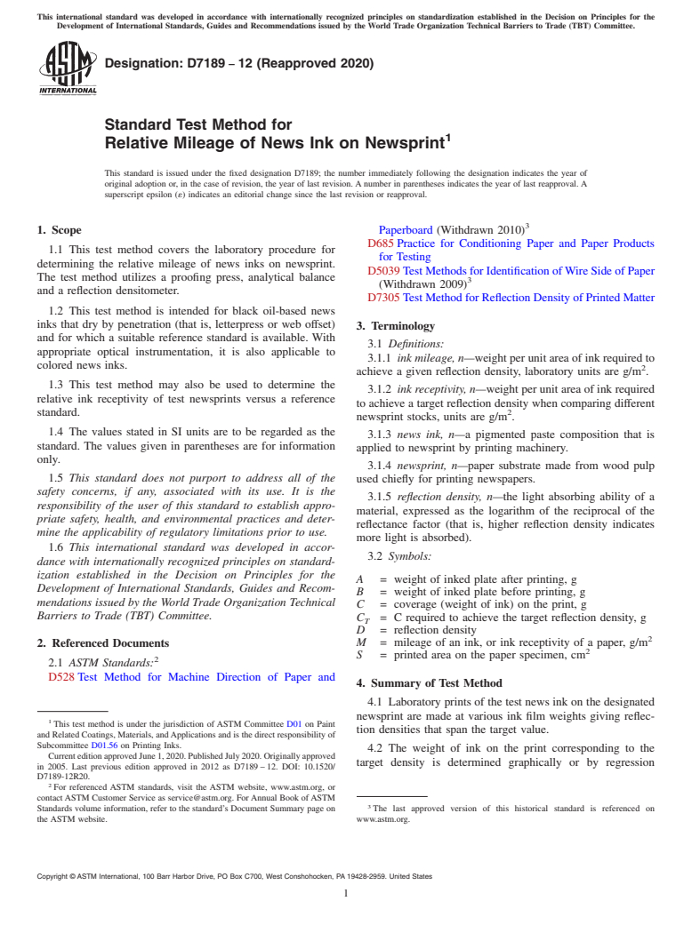 ASTM D7189-12(2020) - Standard Test Method for  Relative Mileage of News Ink on Newsprint