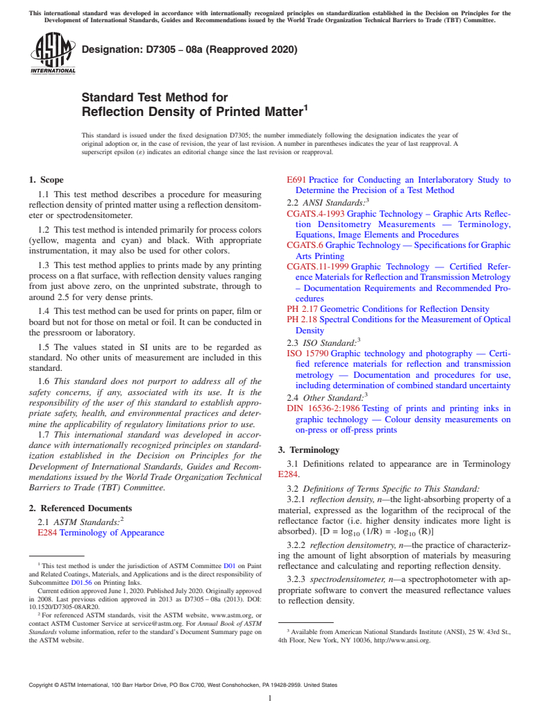 ASTM D7305-08a(2020) - Standard Test Method for Reflection Density of Printed Matter