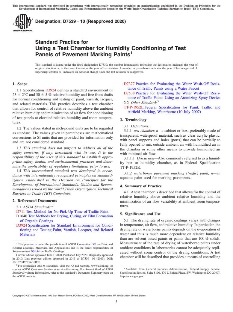 ASTM D7539-10(2020) - Standard Practice for Using a Test Chamber for Humidity Conditioning of Test Panels   of Pavement Marking Paints