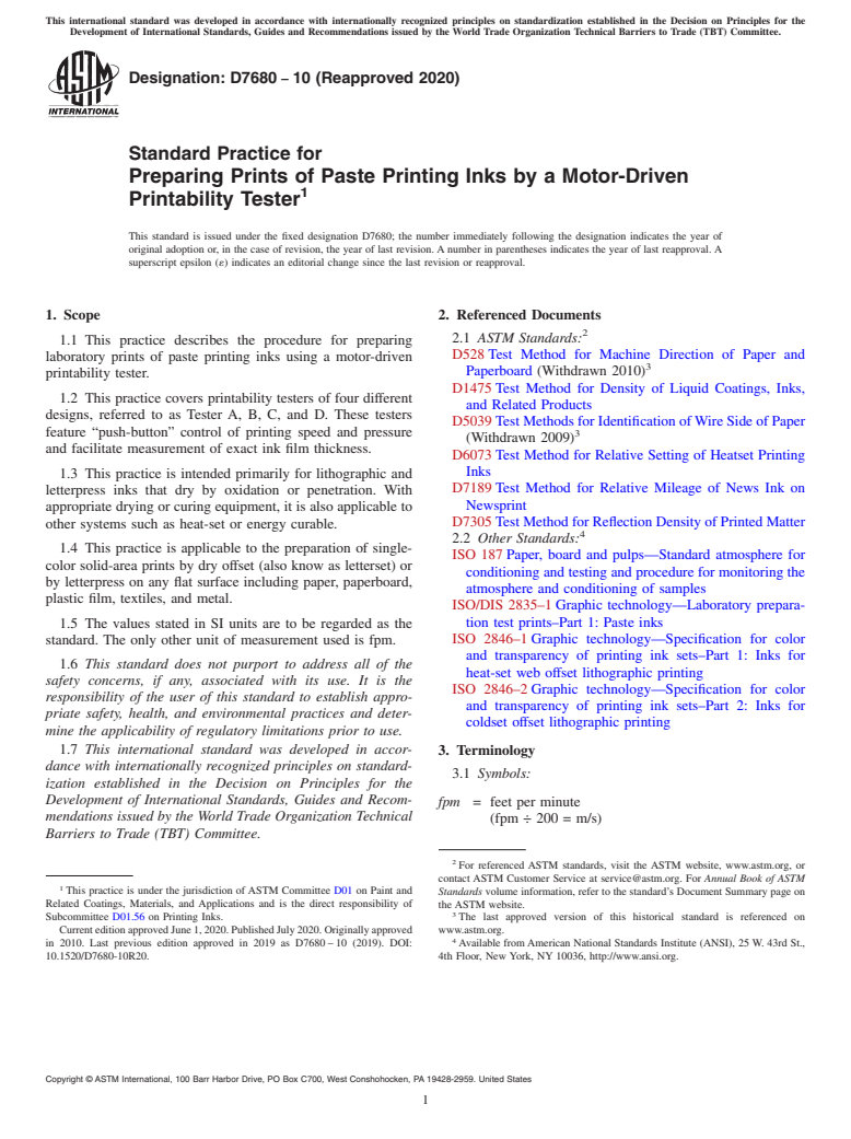 ASTM D7680-10(2020) - Standard Practice for Preparing Prints of Paste Printing Inks by a Motor-Driven Printability   Tester