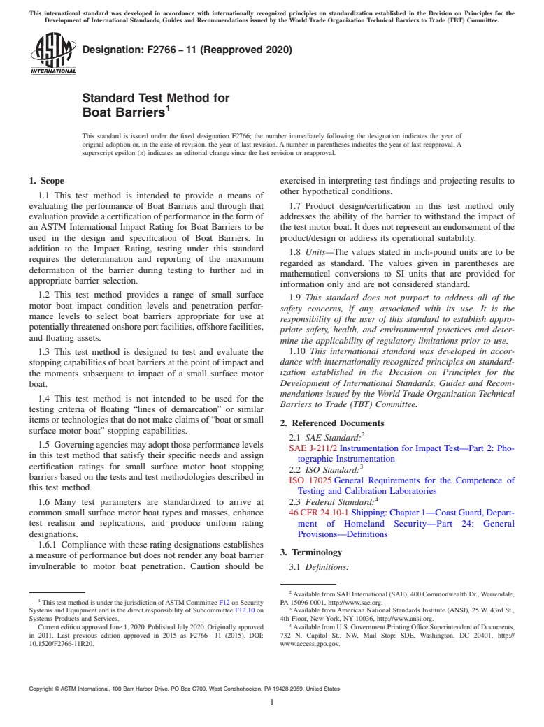 ASTM F2766-11(2020) - Standard Test Method for  Boat Barriers