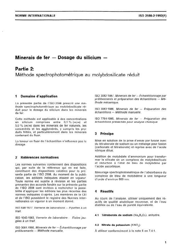 ISO 2598-2:1992 - Minerais de fer -- Dosage du silicium