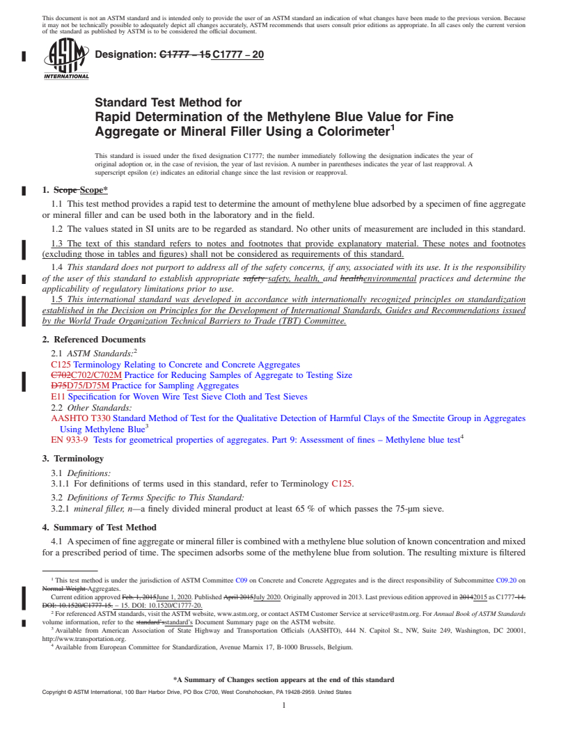 REDLINE ASTM C1777-20 - Standard Test Method for Rapid Determination of the Methylene Blue Value for Fine Aggregate  or Mineral Filler Using a Colorimeter