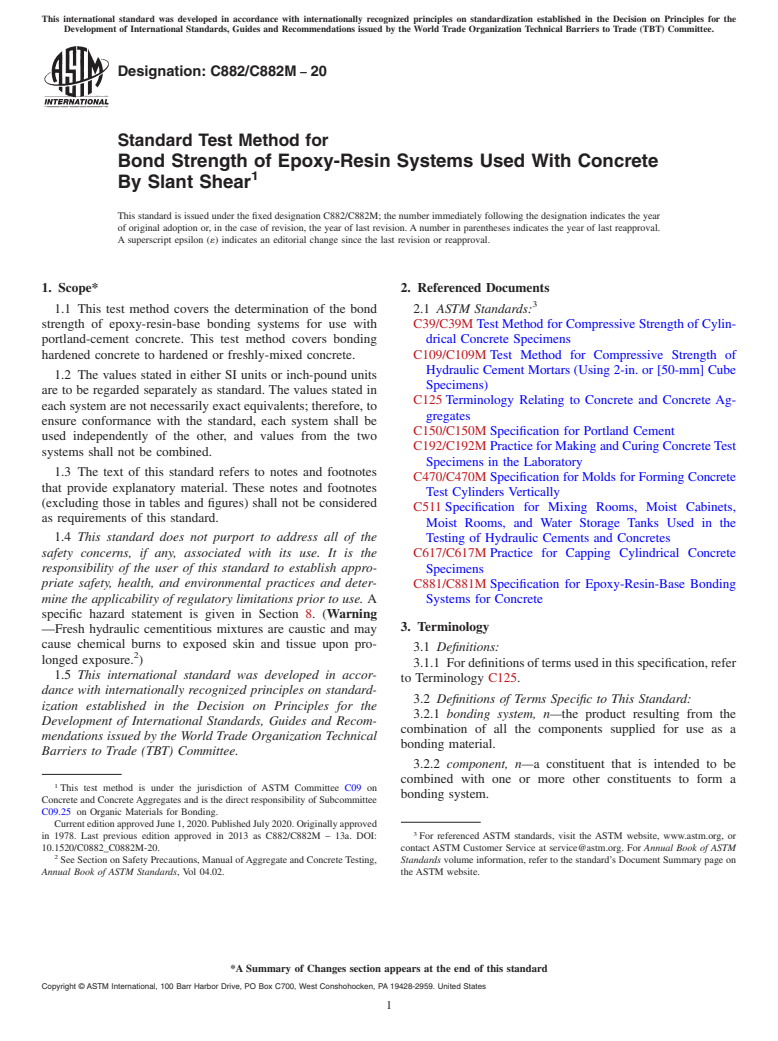 ASTM C882/C882M-20 - Standard Test Method for  Bond Strength of Epoxy-Resin Systems Used With Concrete By  Slant Shear