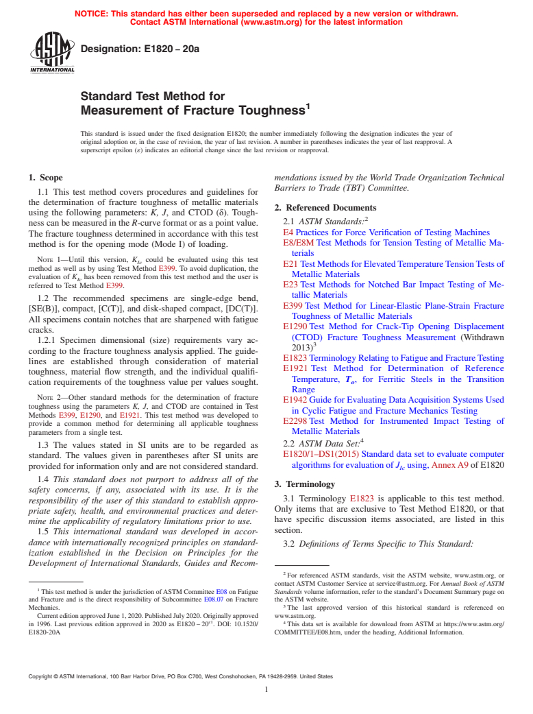 ASTM E1820-20a - Standard Test Method for  Measurement of Fracture Toughness