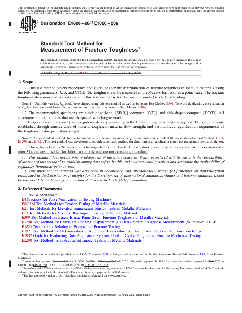 REDLINE ASTM E1820-20a - Standard Test Method for  Measurement of Fracture Toughness