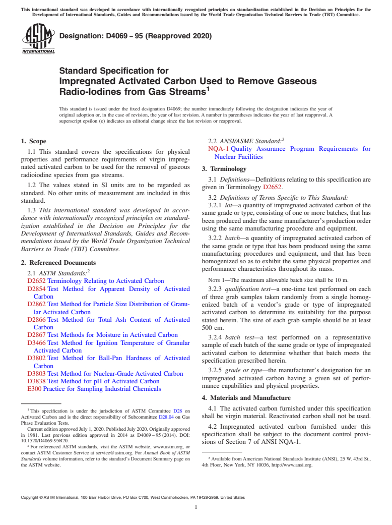 ASTM D4069-95(2020) - Standard Specification for  Impregnated Activated Carbon Used to Remove Gaseous Radio-Iodines   from Gas Streams